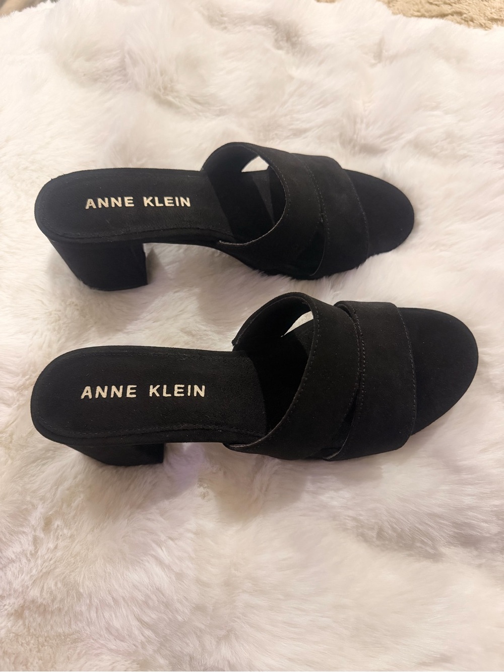 Anne Klein Black Suede Slide Mules with Block Heel